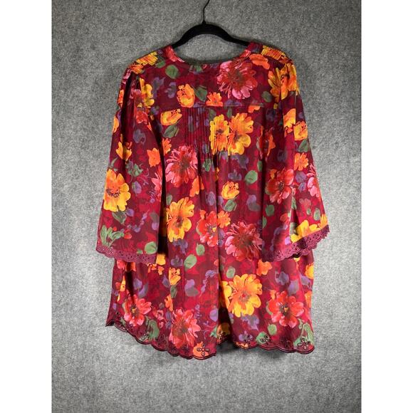 Denim 24/7 Blouse Women 16W Red Button Front Short Sleeve Embroidered Floral - Picture 7 of 8